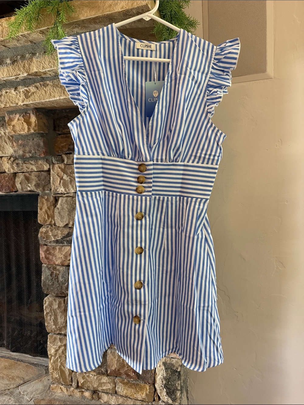 Cupshe Blue & White Striped Ruffle-Sleeve Button Dress